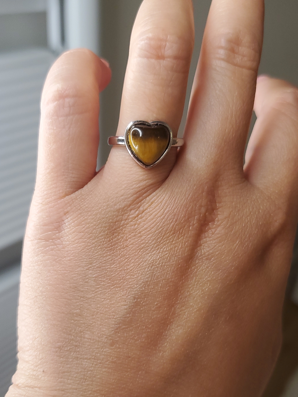 Silver Heart Ring with Yellow Tiger Eye Stone